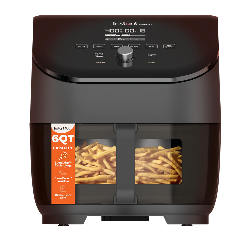 Instant Pot Vortex frente negro mostrando diseño compacto y beneficio de versatilidad
