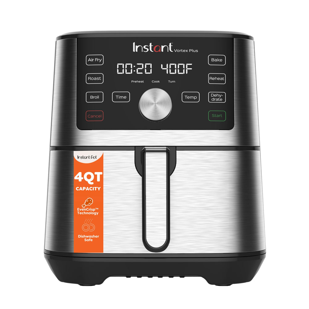 Instant Pot Vortex Plus frontal en acero inoxidable mostrando diseño compacto y ahorro de espacio