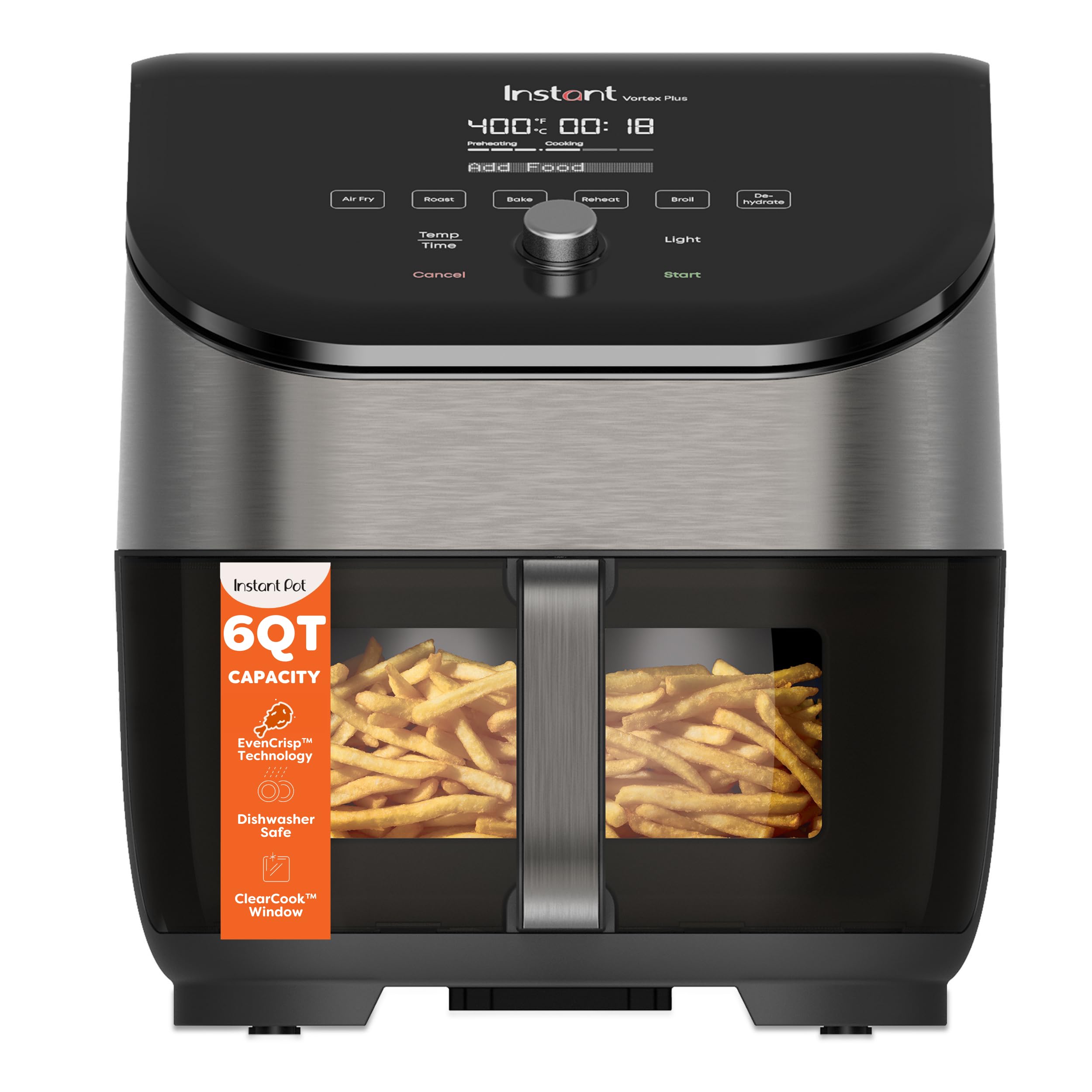 Instant Pot Vortex Plus vista frontal, diseño compacto y potencia 1700W