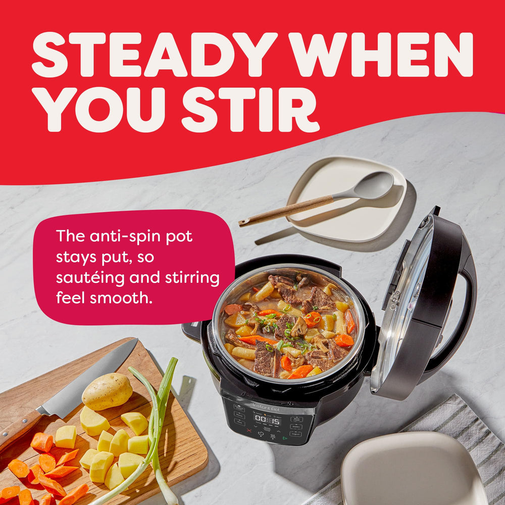 Instant Pot RIO Mini en uso con comida dentro mostrando beneficio cocción rápida y uniforme