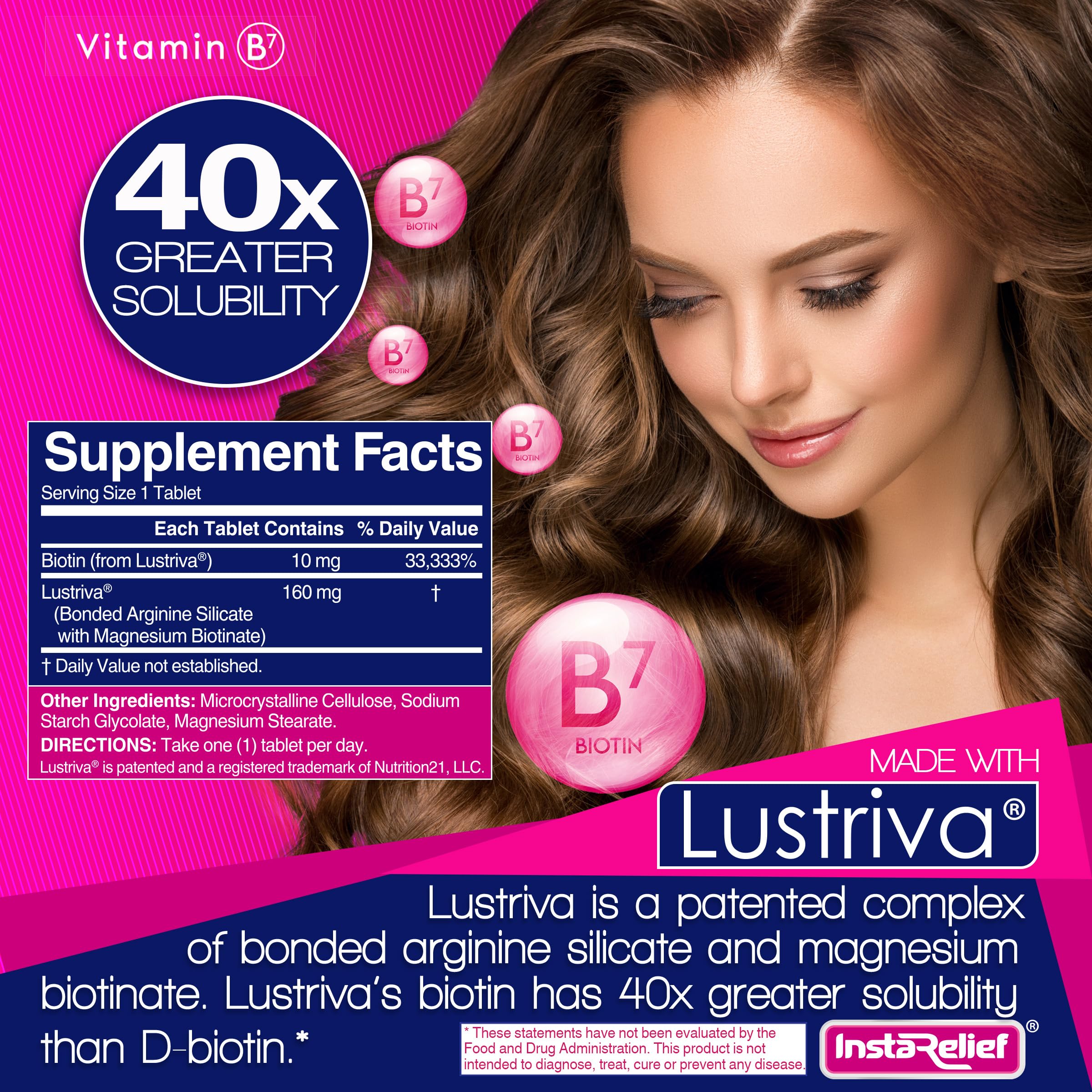 InstaRelief etiqueta con ingredientes claves que resalta biotina y pureza