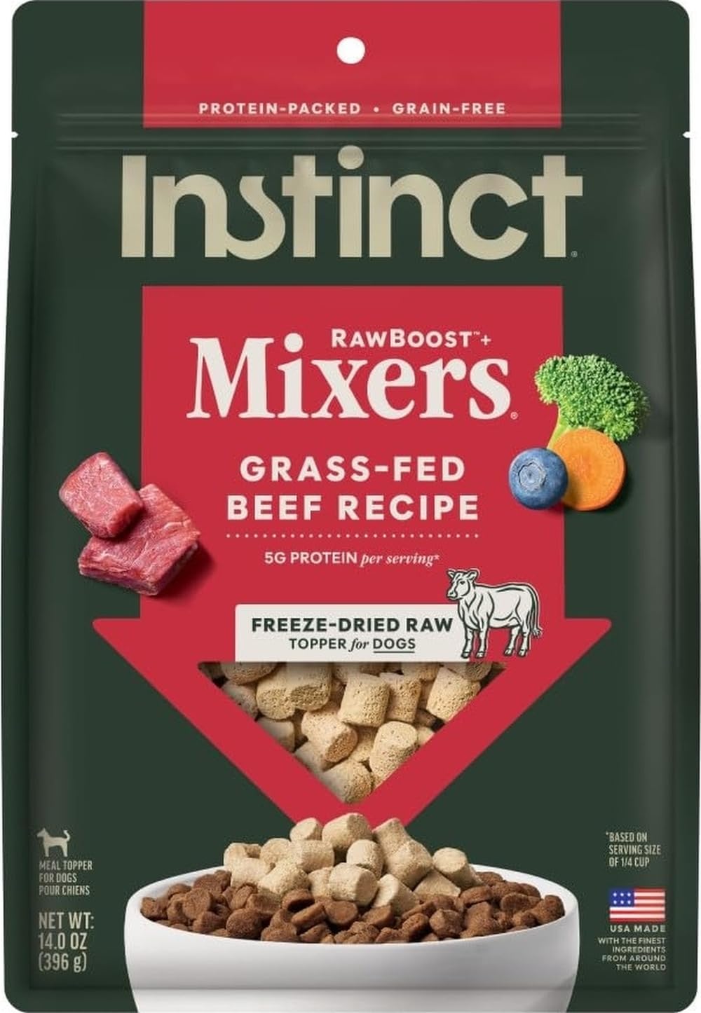 Instinct empaque frontal 14 oz mostrando el producto y beneficios nutrimentales