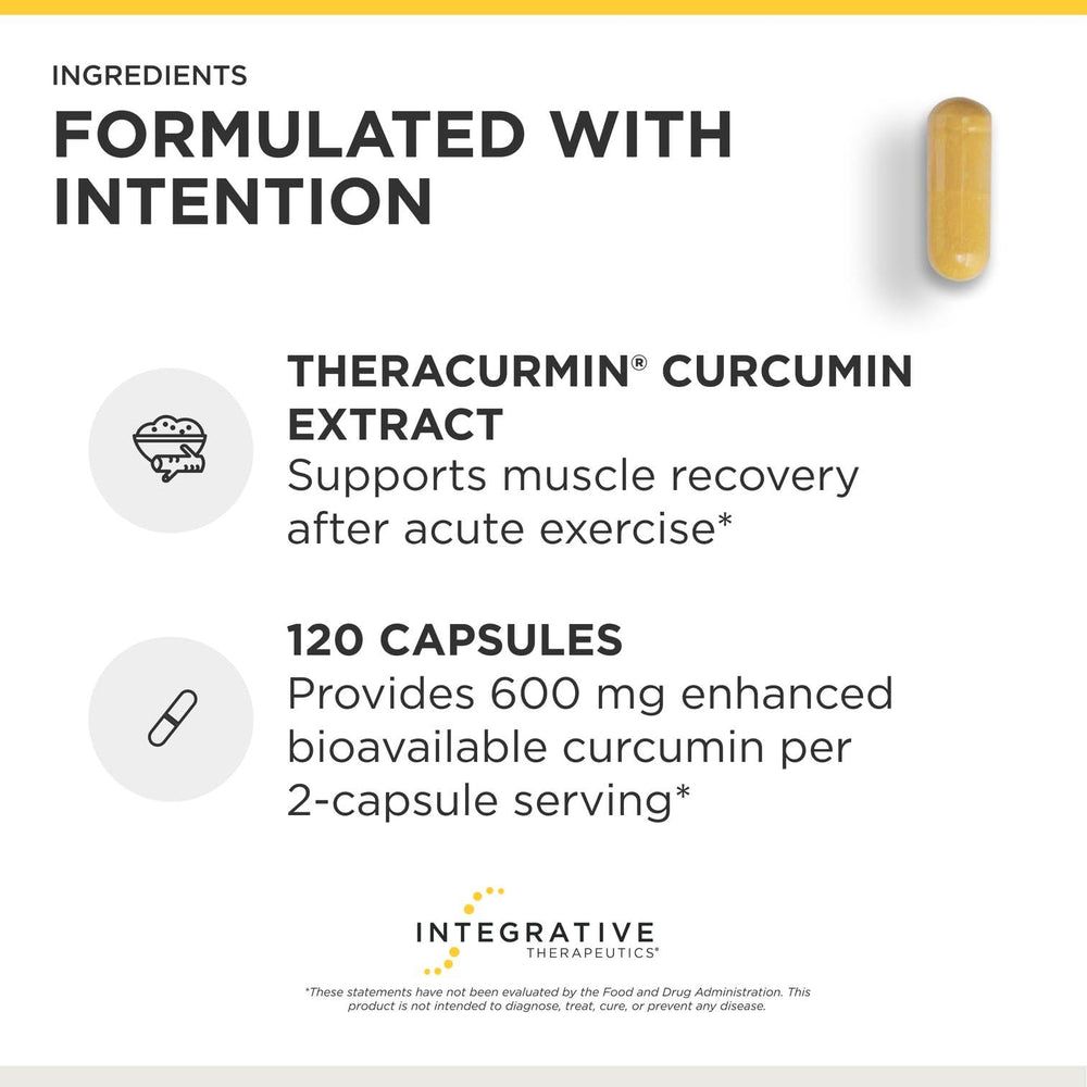 Integrative Therapeutics frasco junto a mano para comparar el tamaño del producto y porción