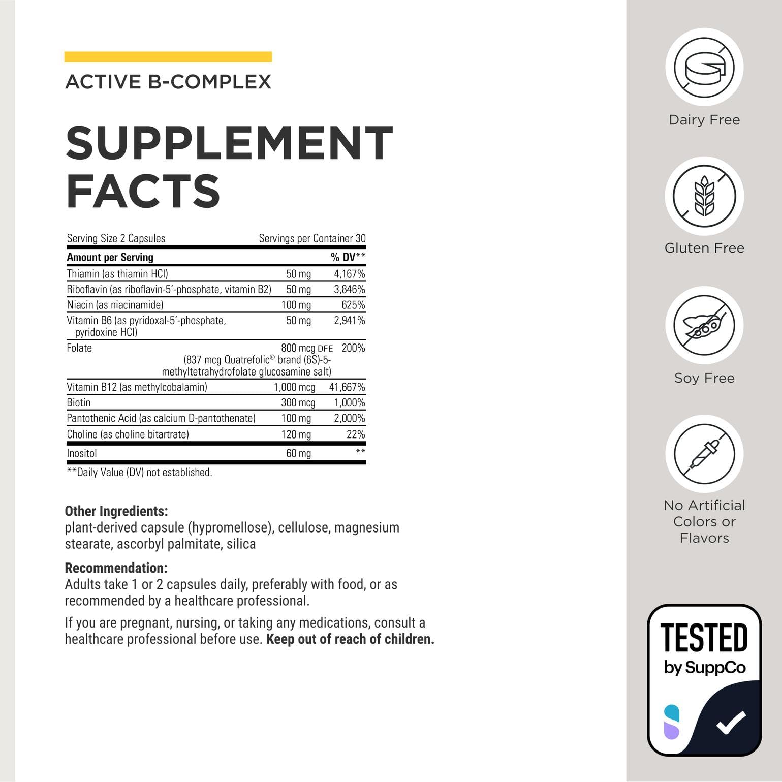 Envase abierto con lista de formas activas B2 B6 B12 de Integrative Therapeutics