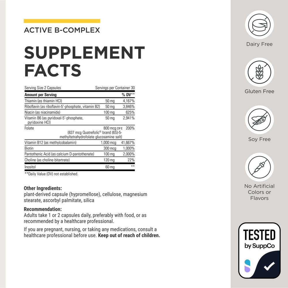 Envase abierto con lista de formas activas B2 B6 B12 de Integrative Therapeutics