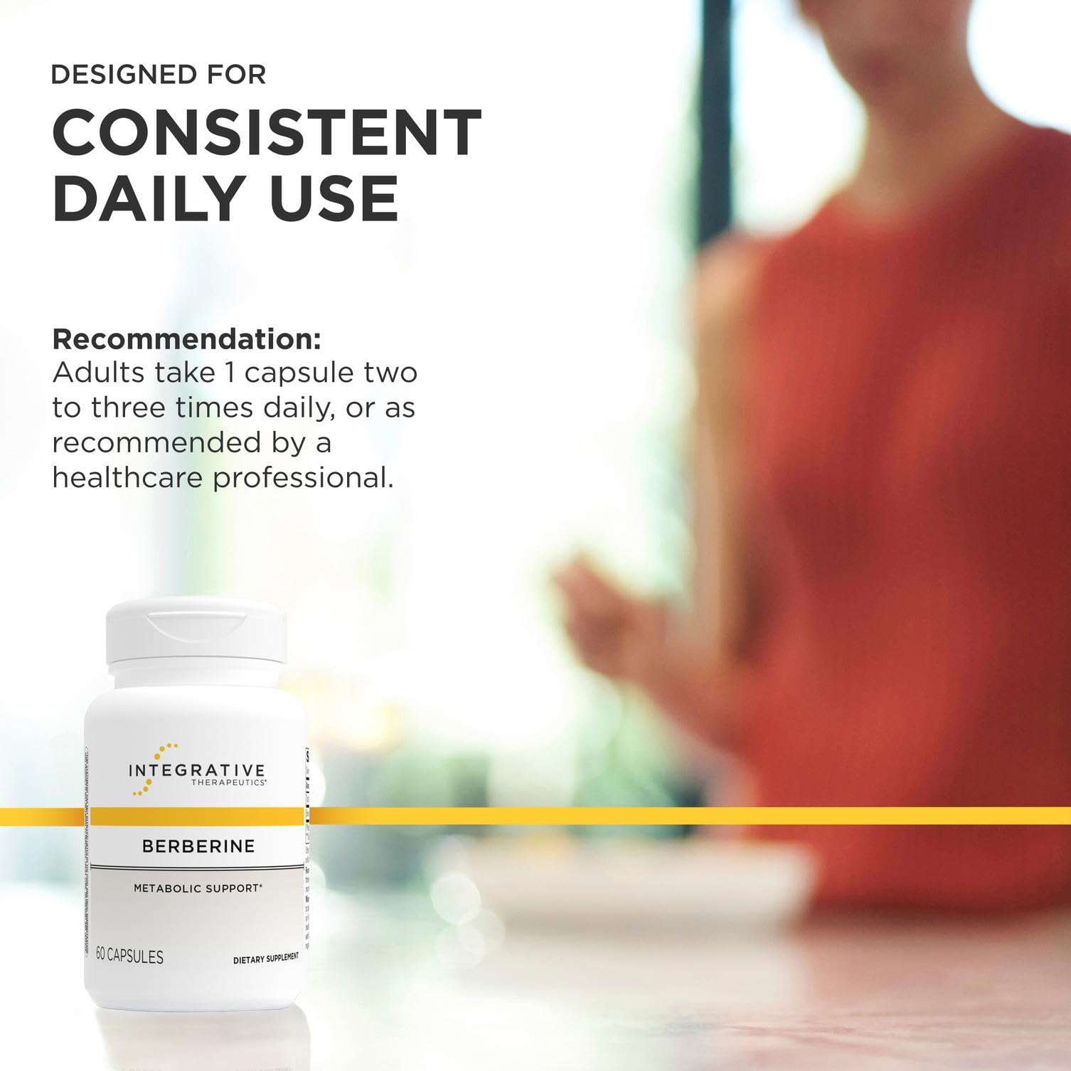 Integrative Therapeutics cápsulas junto a desayuno saludable indicando integración diaria