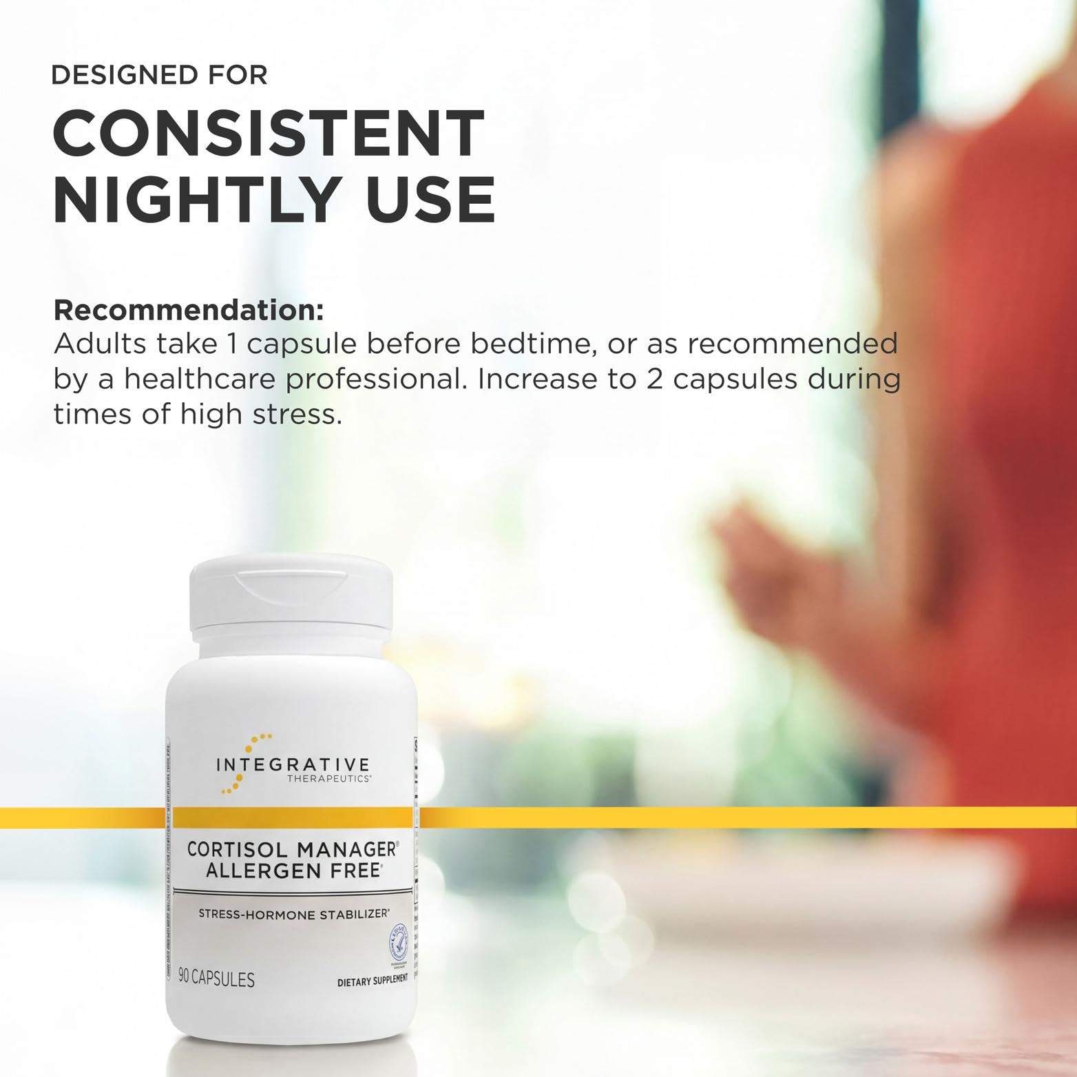 Integrative Therapeutics producto en ambiente de relajación, sugiere apoyo al sueño