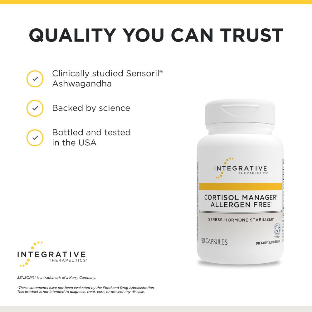 Integrative Therapeutics comparación de tamaño con una mano, indica cantidad por cápsula