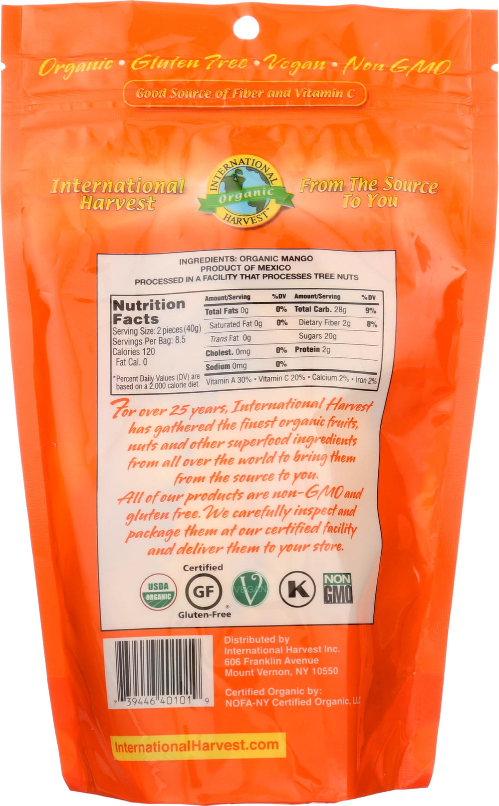 International Harvest textura cercana de rodaja masticable, evidencia de calidad