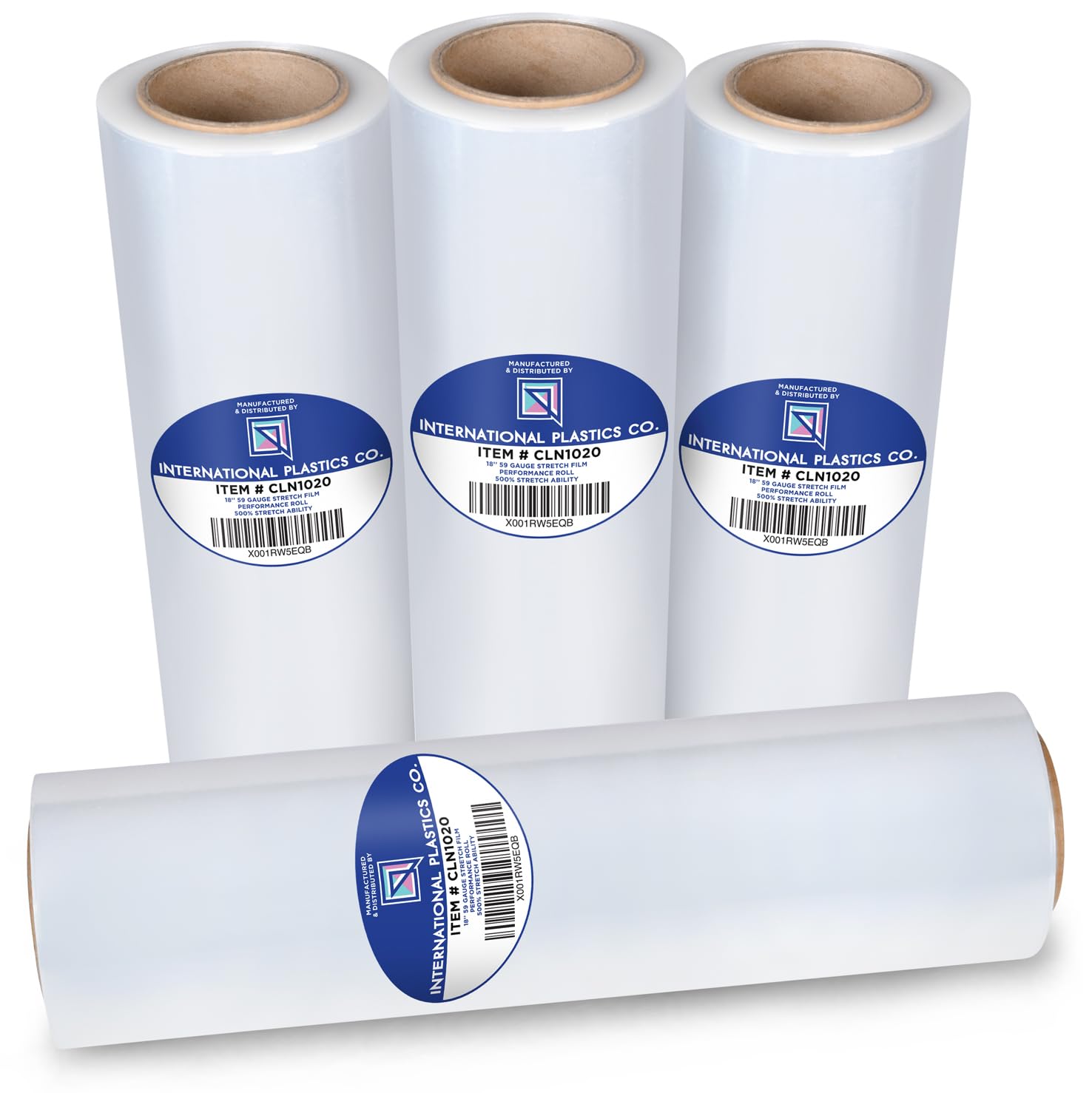 International Plastics Co. rollo frontal mostrando ancho 18" y claridad