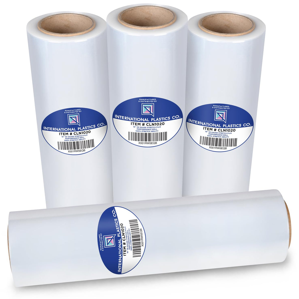 International Plastics Co. rollo frontal mostrando ancho 18" y claridad