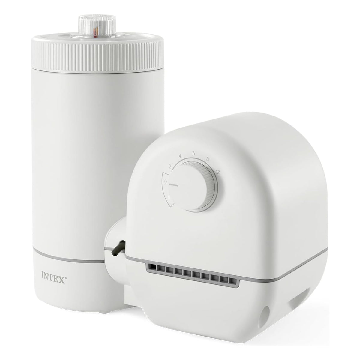 Intex bomba Krystal Clear frontal mostrando diseño compacto y beneficio de fácil acceso