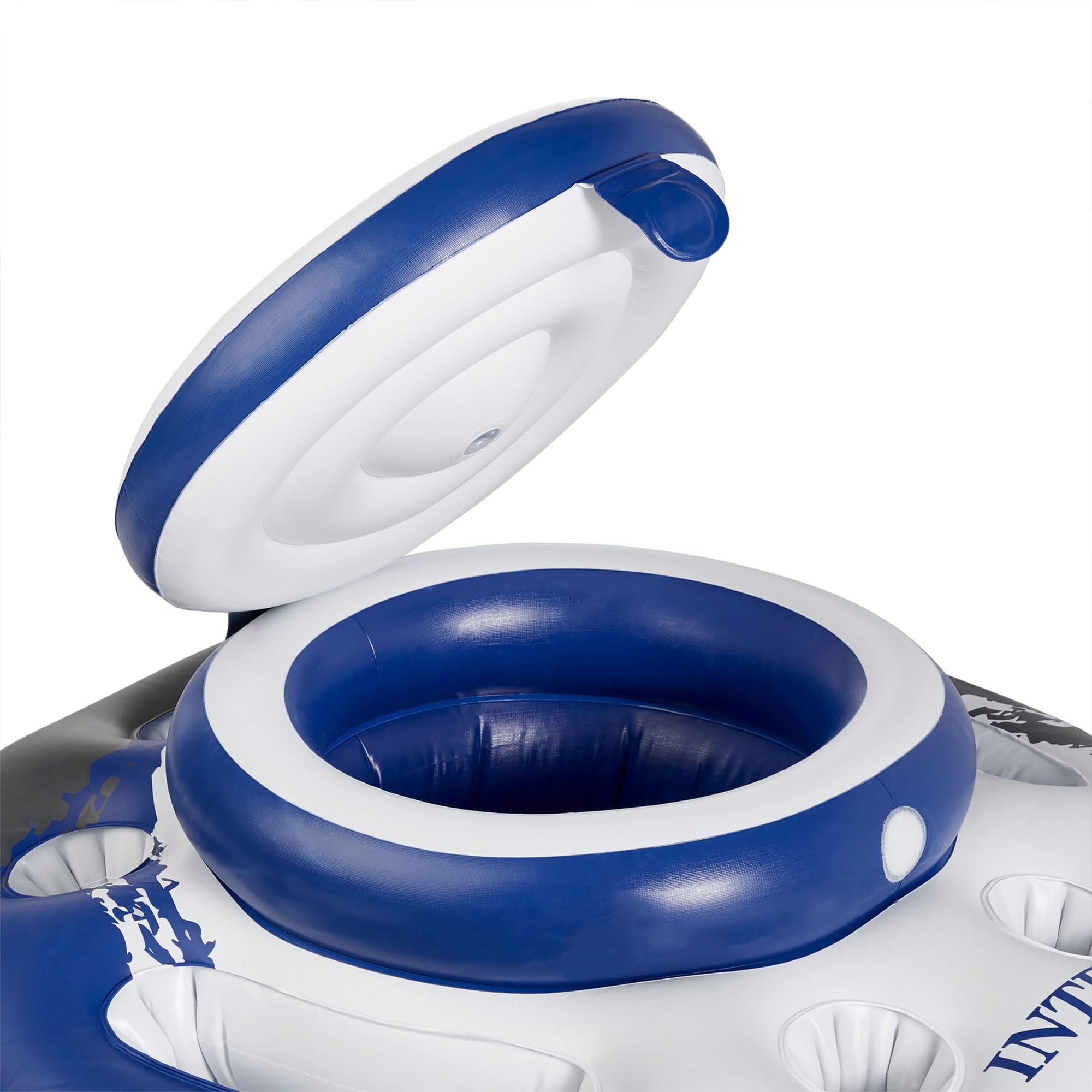 Enfriador Intex Mega Chill flotando en piscina con personas disfrutando bebidas accesibles