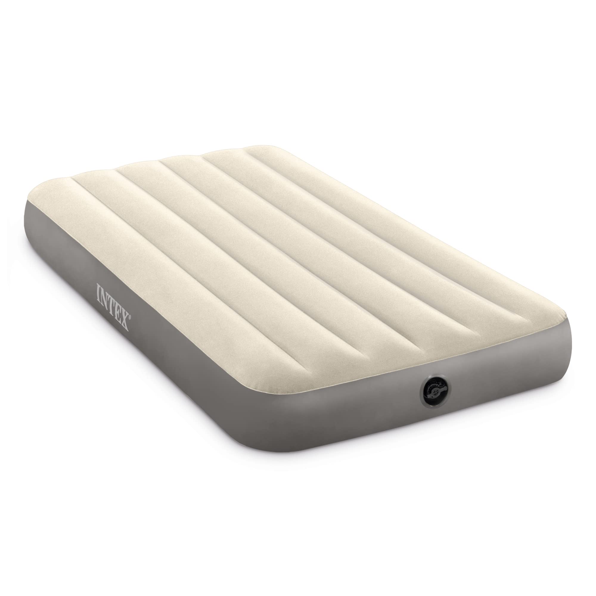 Intex vista frontal del colchón Dura-Beam mostrando su paquete y tamaño