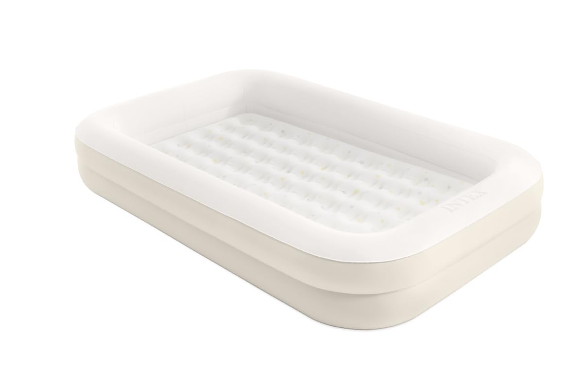 Intex travel bed front view showing star print and plush top for cozy sleep