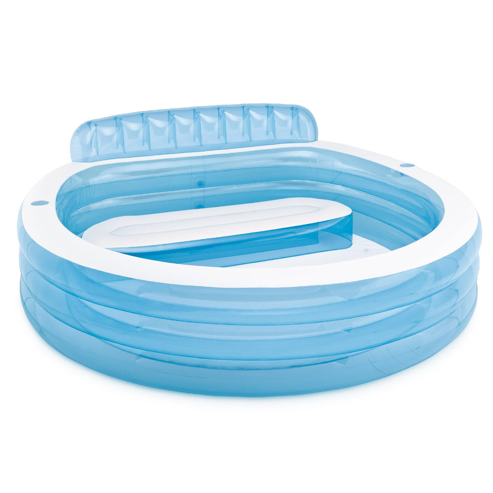 Intex piscina frontal mostrando forma redonda y capacidad para familias