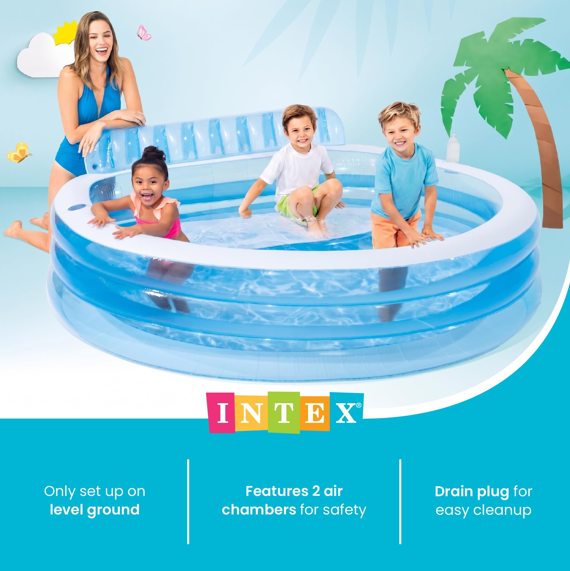 Intex vista lateral con adultos y niños disfrutando el espacio