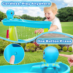 Intoypad en uso en mesa de agua Step2 entreteniendo niños