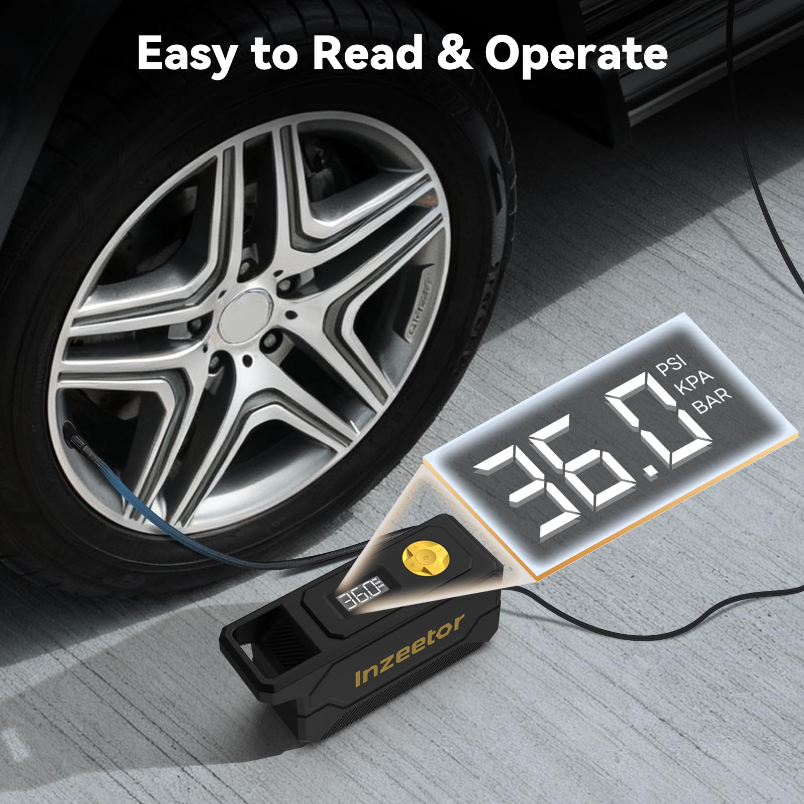 inzeetor inflando un neumático de coche, velocidad y eficiencia claras