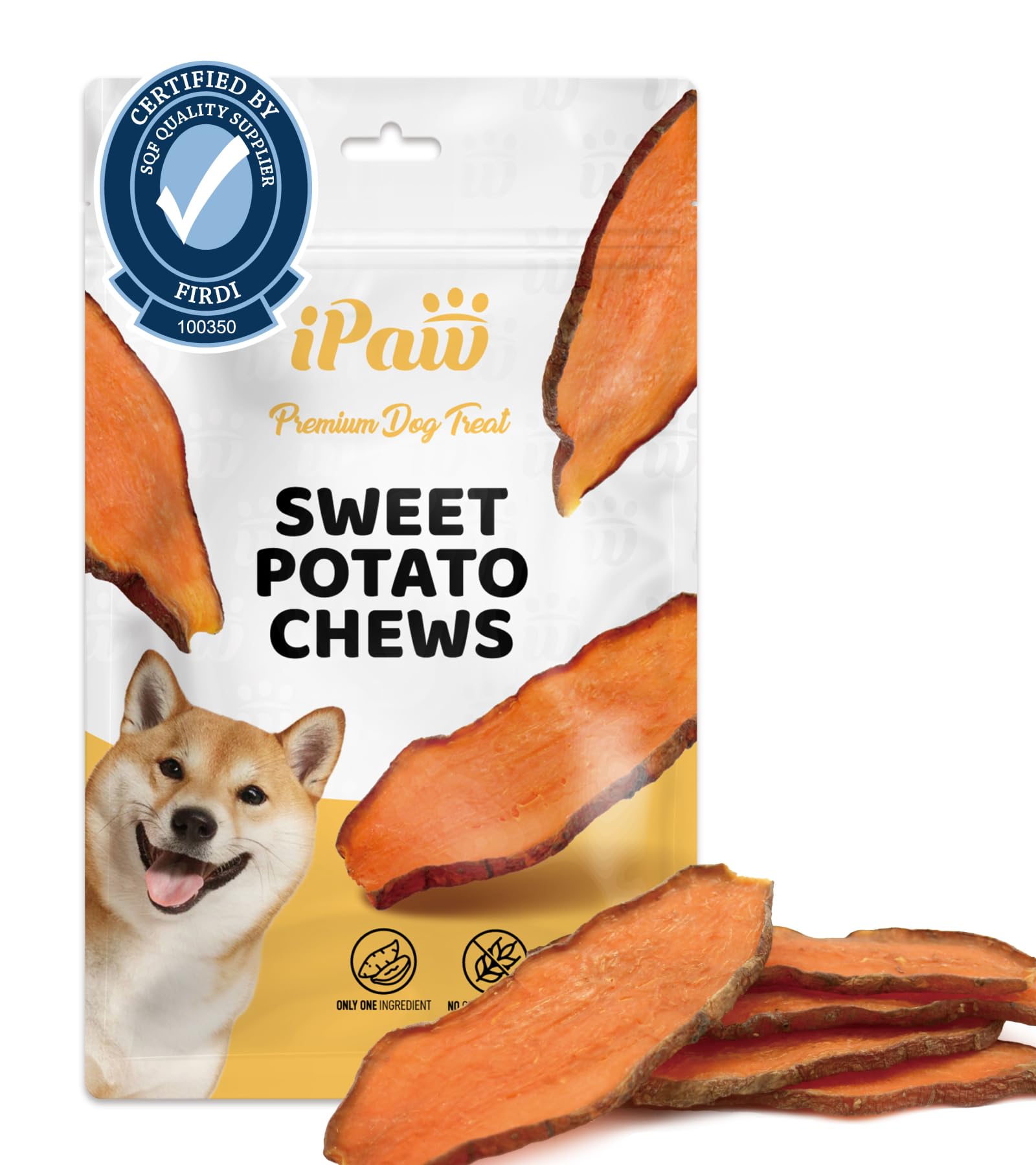 iPaw empaque frontal mostrando tiras de batata y beneficio seguro