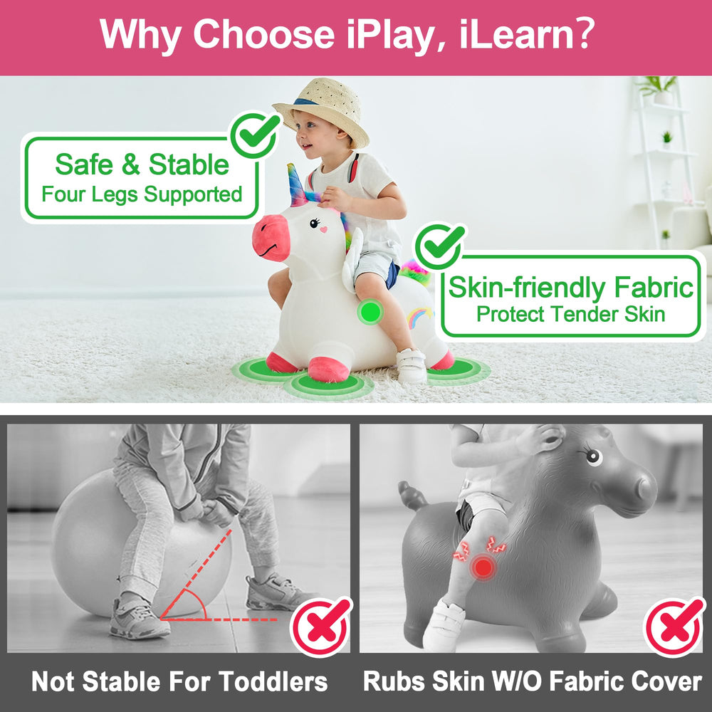 iPlay iLearn niño usando unicorn en sala para mejorar coordinación