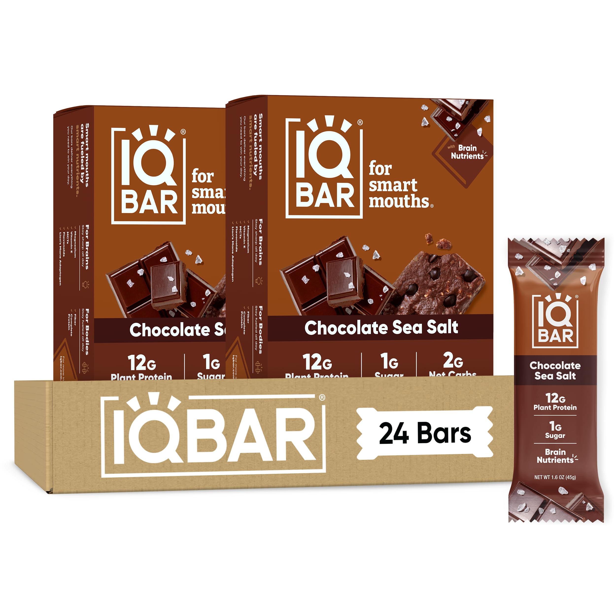 IQBAR Chocolate Sea Salt empaque frontal muestra bajo azúcar y sello Clean Label