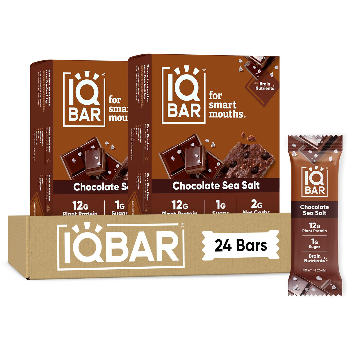 IQBAR Chocolate Sea Salt empaque frontal muestra bajo azúcar y sello Clean Label
