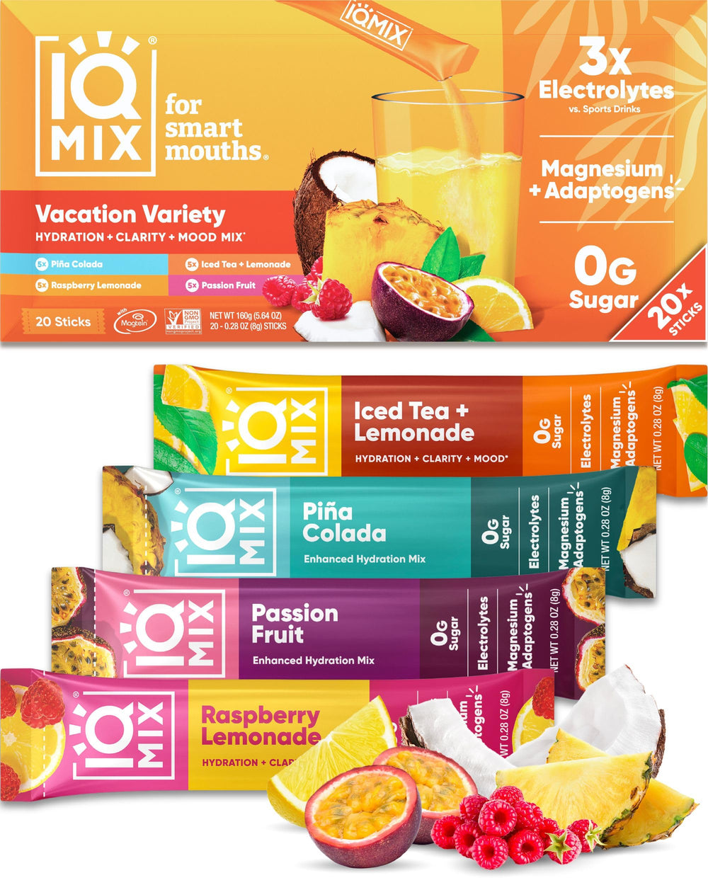 IQBAR frente del paquete IQMIX mostrando el diseño y conteo de 20 sobres