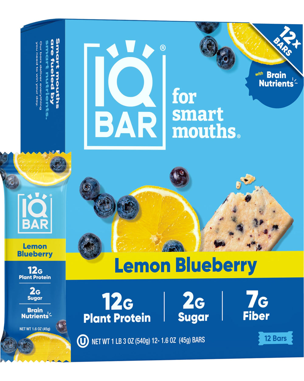 IQBAR empaque frontal limón arándano mostrando sabor y beneficios