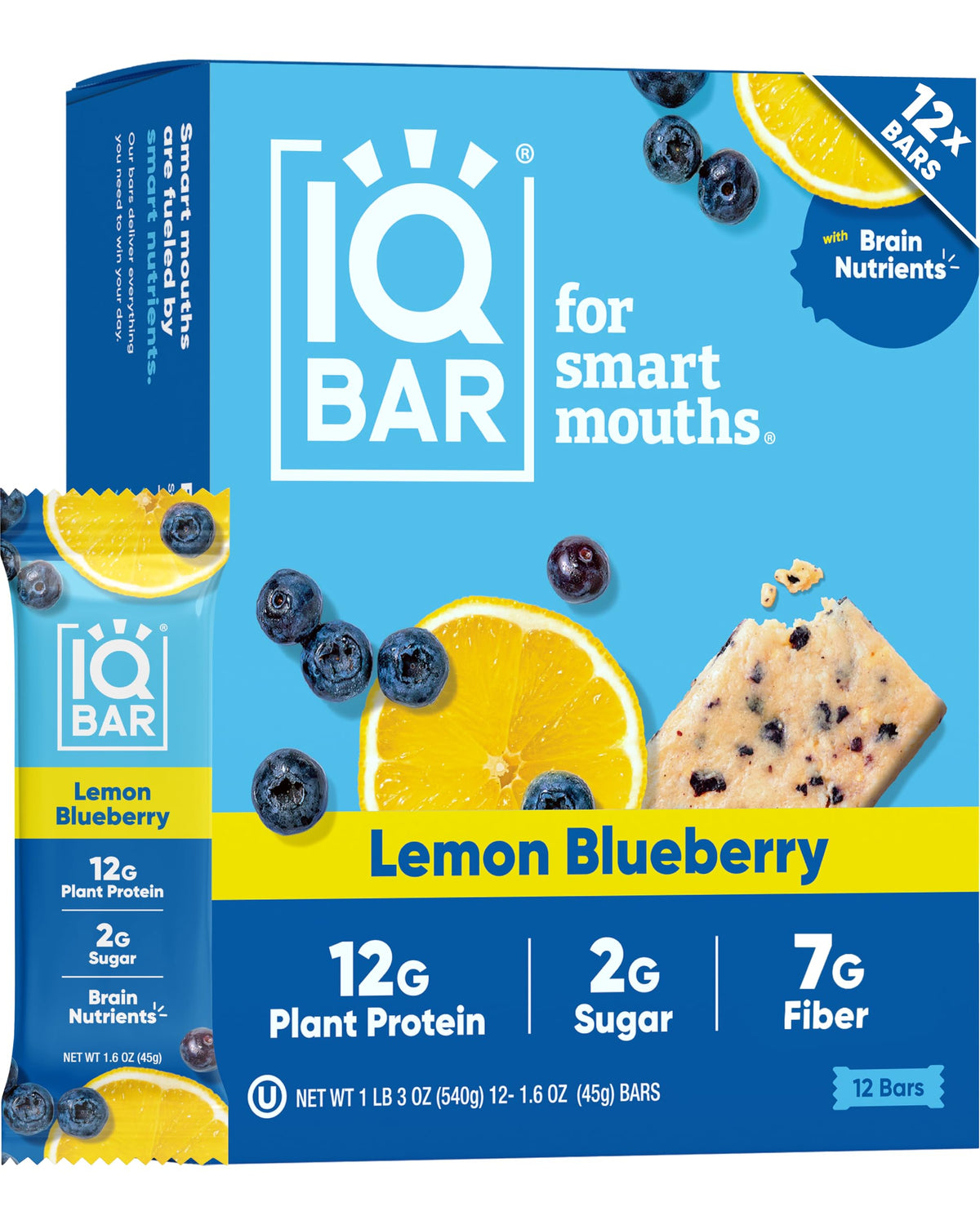 IQBAR empaque frontal limón arándano mostrando sabor y beneficios