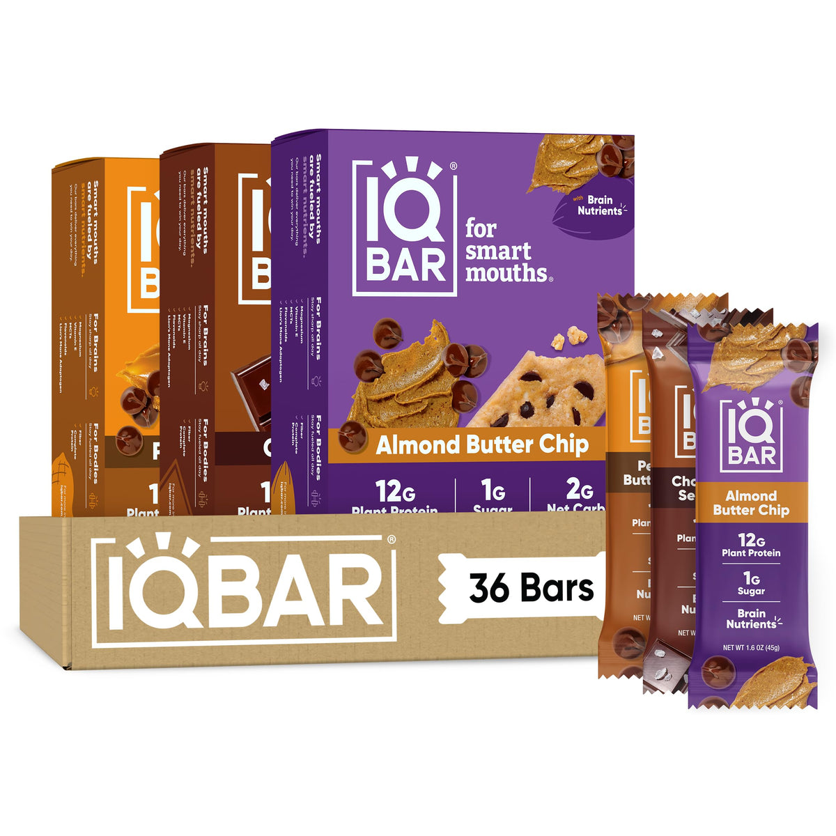 IQBAR paquete frontal chocolate mostrando variedad y conveniencia