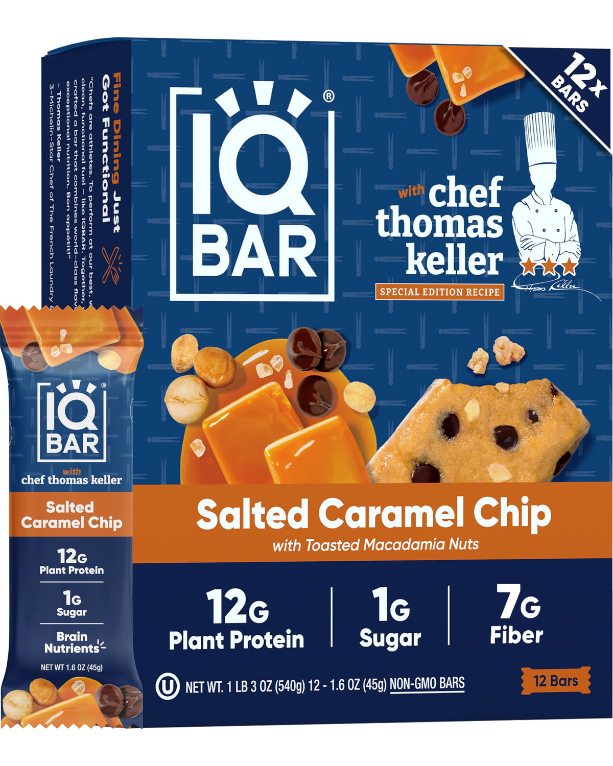 IQBAR empaque frontal Salted Caramel Chip muestran aspecto y beneficio práctico