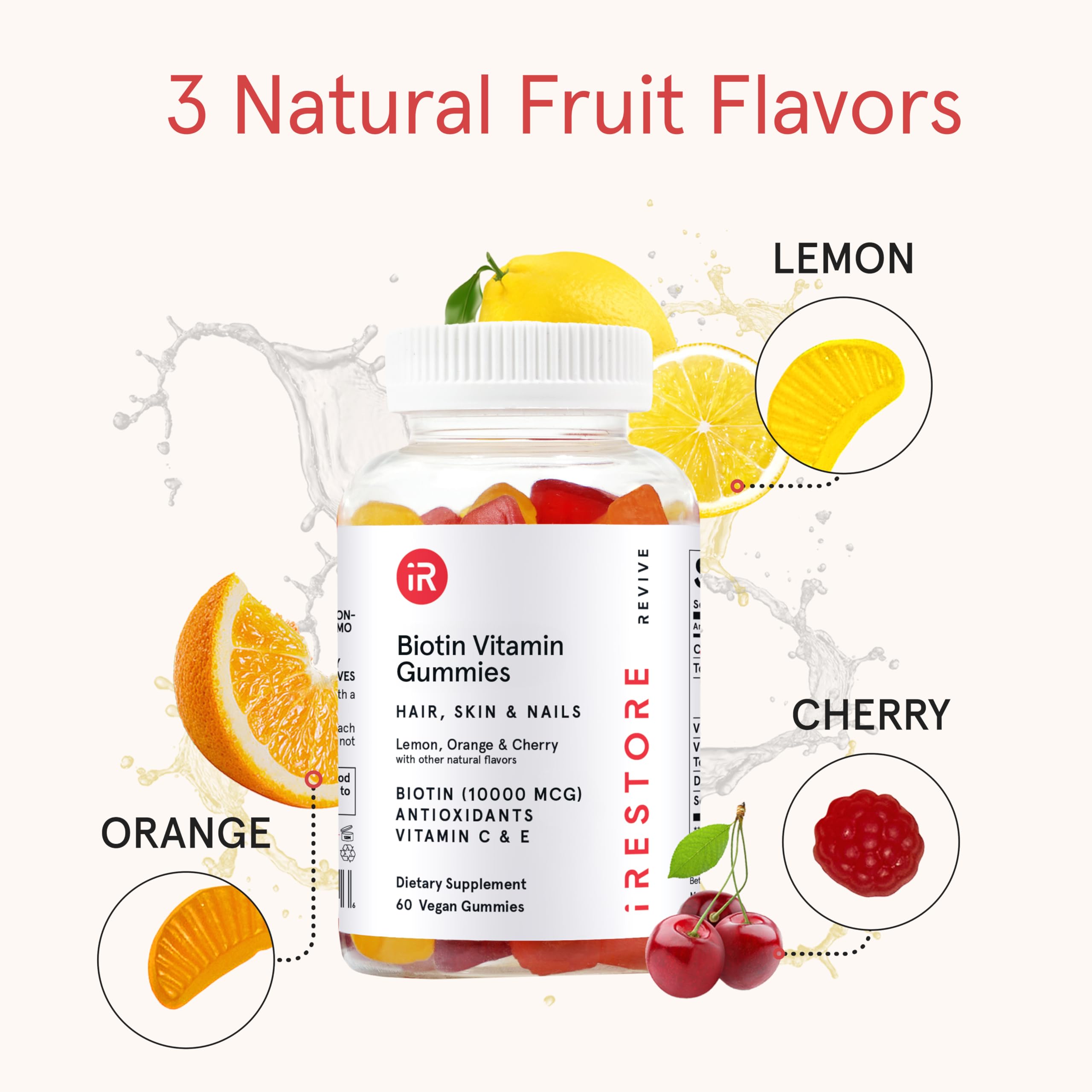 iRestore gominolas dispersas sobre superficie blanca mostrando color natural de sabores