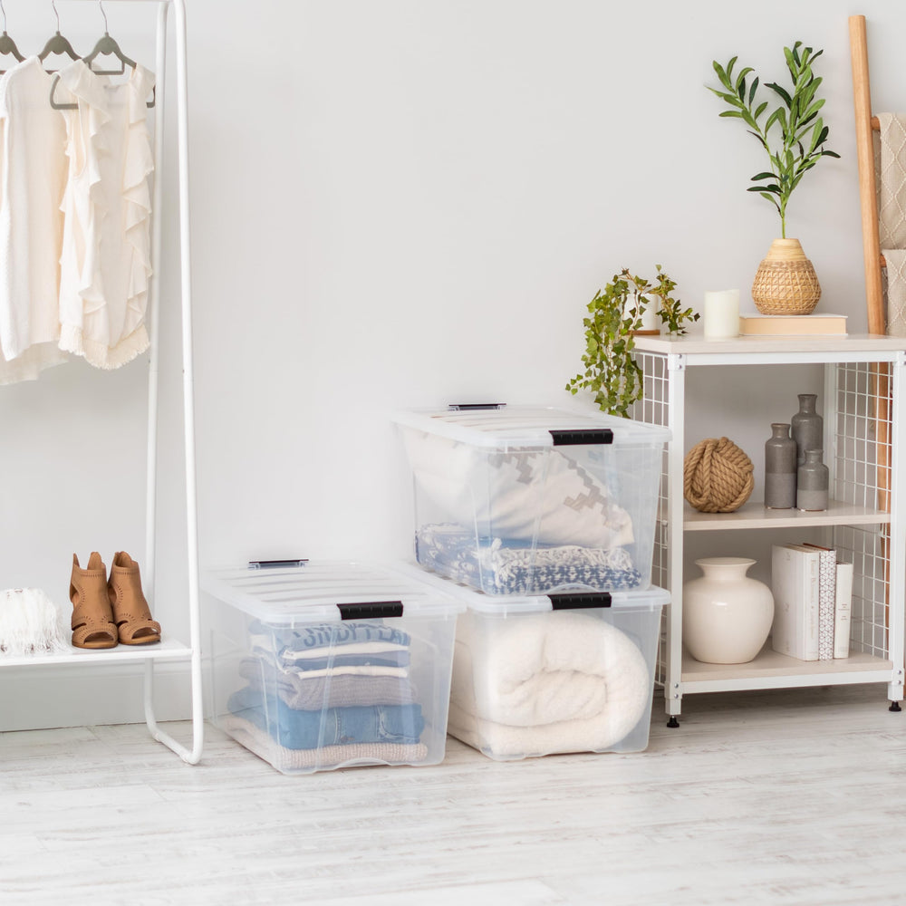 IRIS USA bin stored in garage showing versatile storage benefit