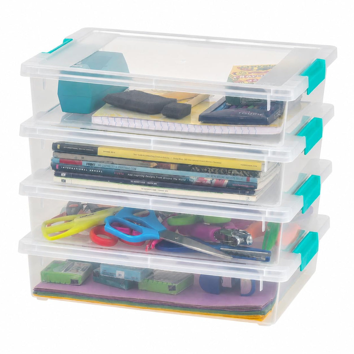 IRIS USA front view of four clear 6 quart bins showing neat pack and visibility benefit