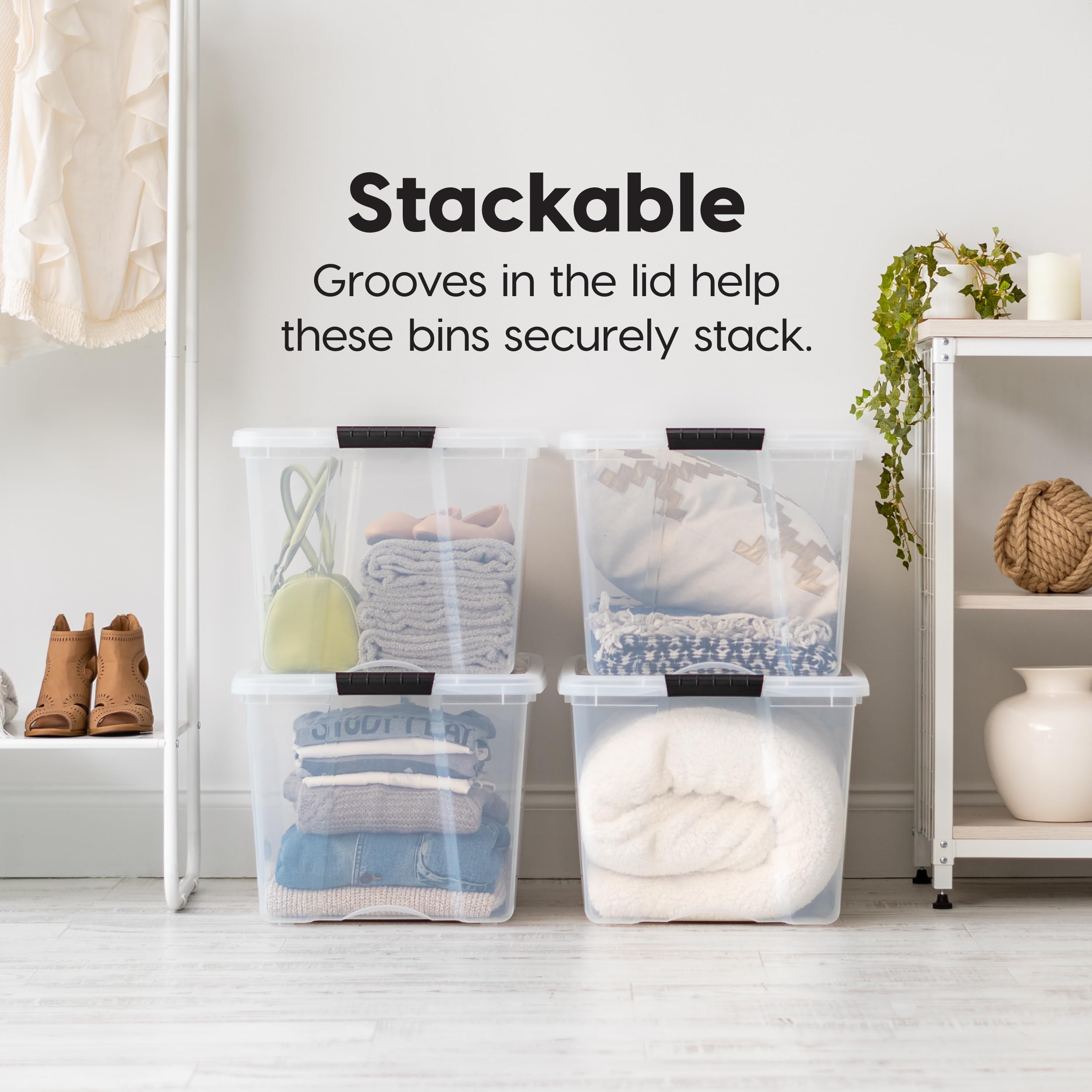 IRIS USA stacked bins on shelving maximizing vertical space benefit