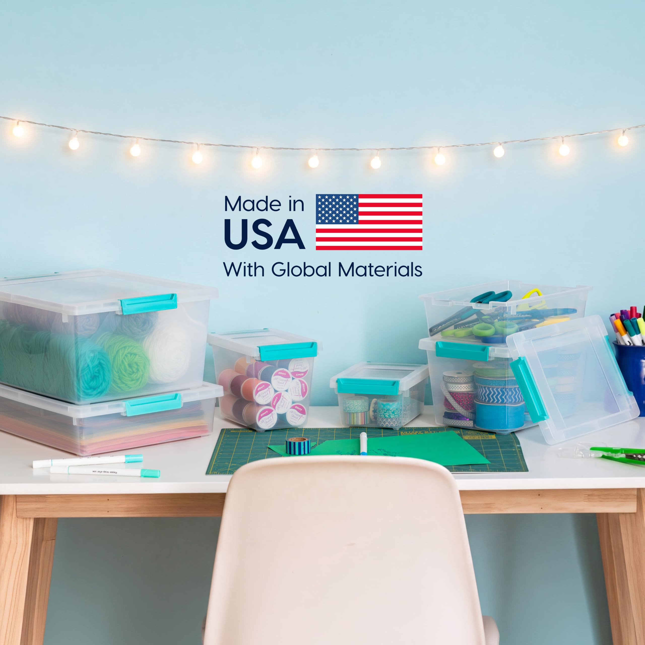 IRIS USA bin stored under desk showing fit in shallow spaces and accessibility