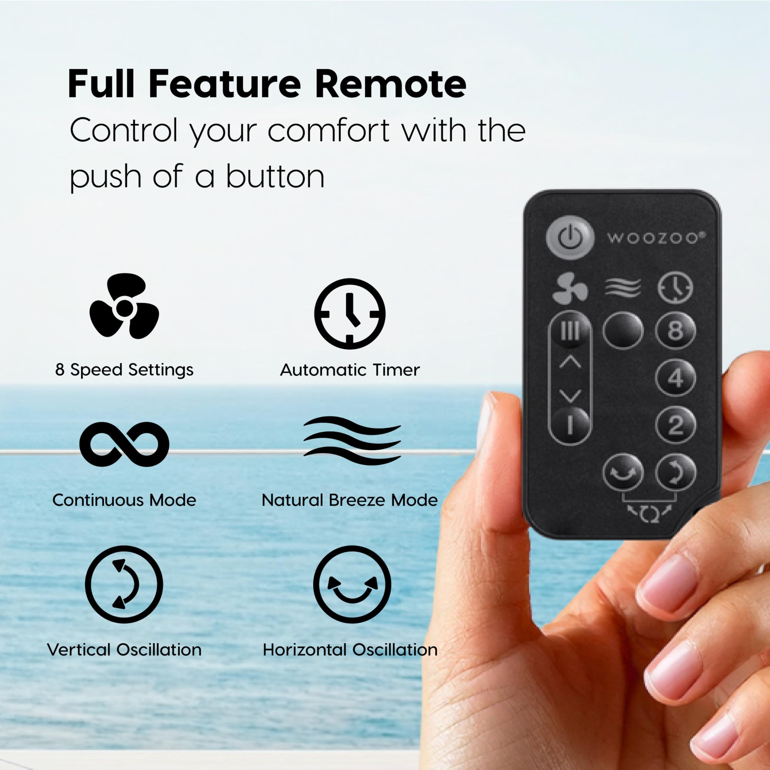 IRIS USA WOOZOO control remoto mostrando fácil ajuste de velocidad