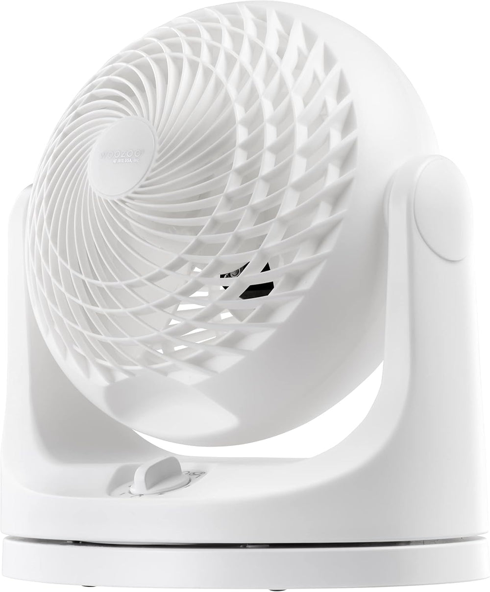 IRIS USA ventilador WOOZOO frontal mostrando diseño compacto y acabado mate