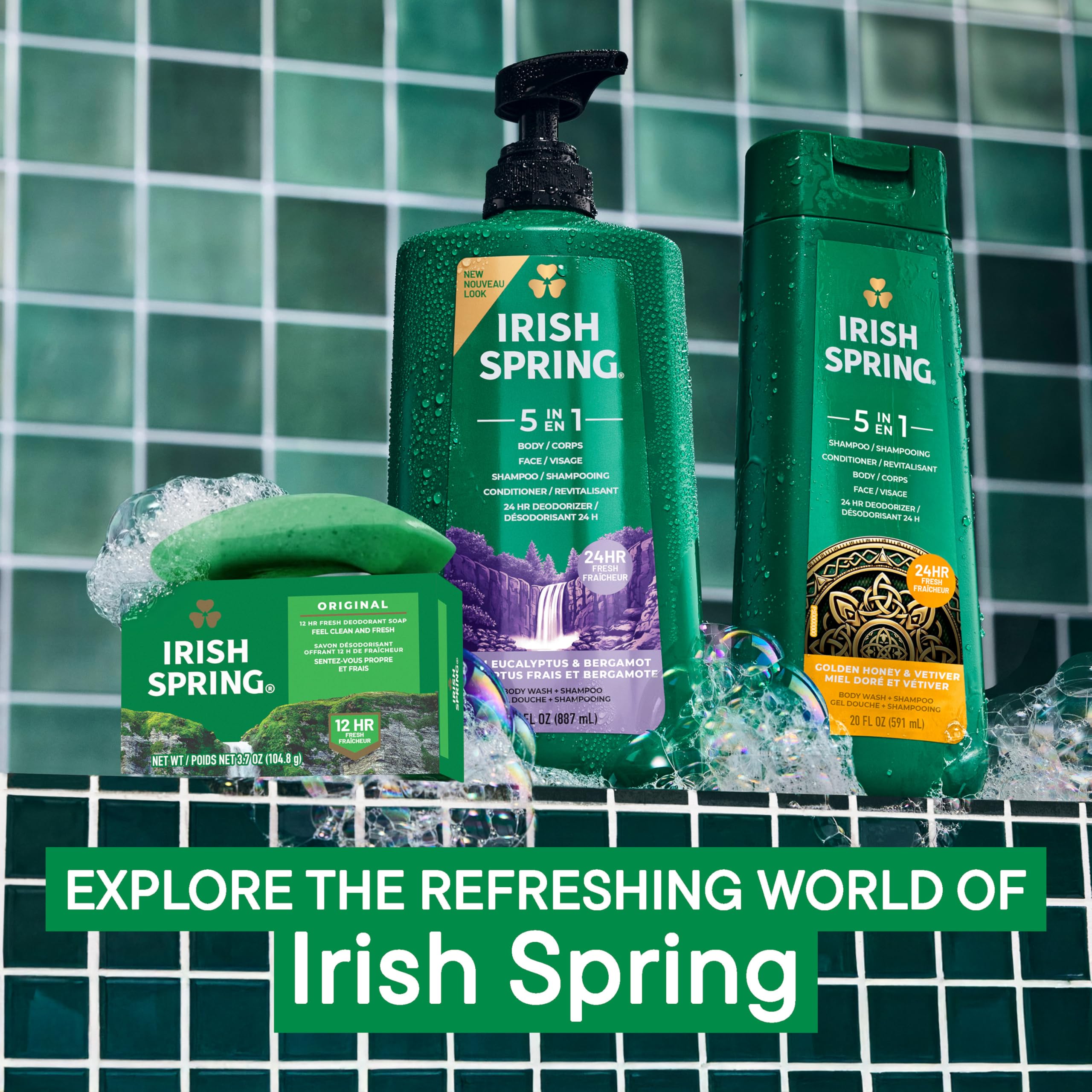 Irish Spring ambiente de ducha con el producto, sensación revitalizante