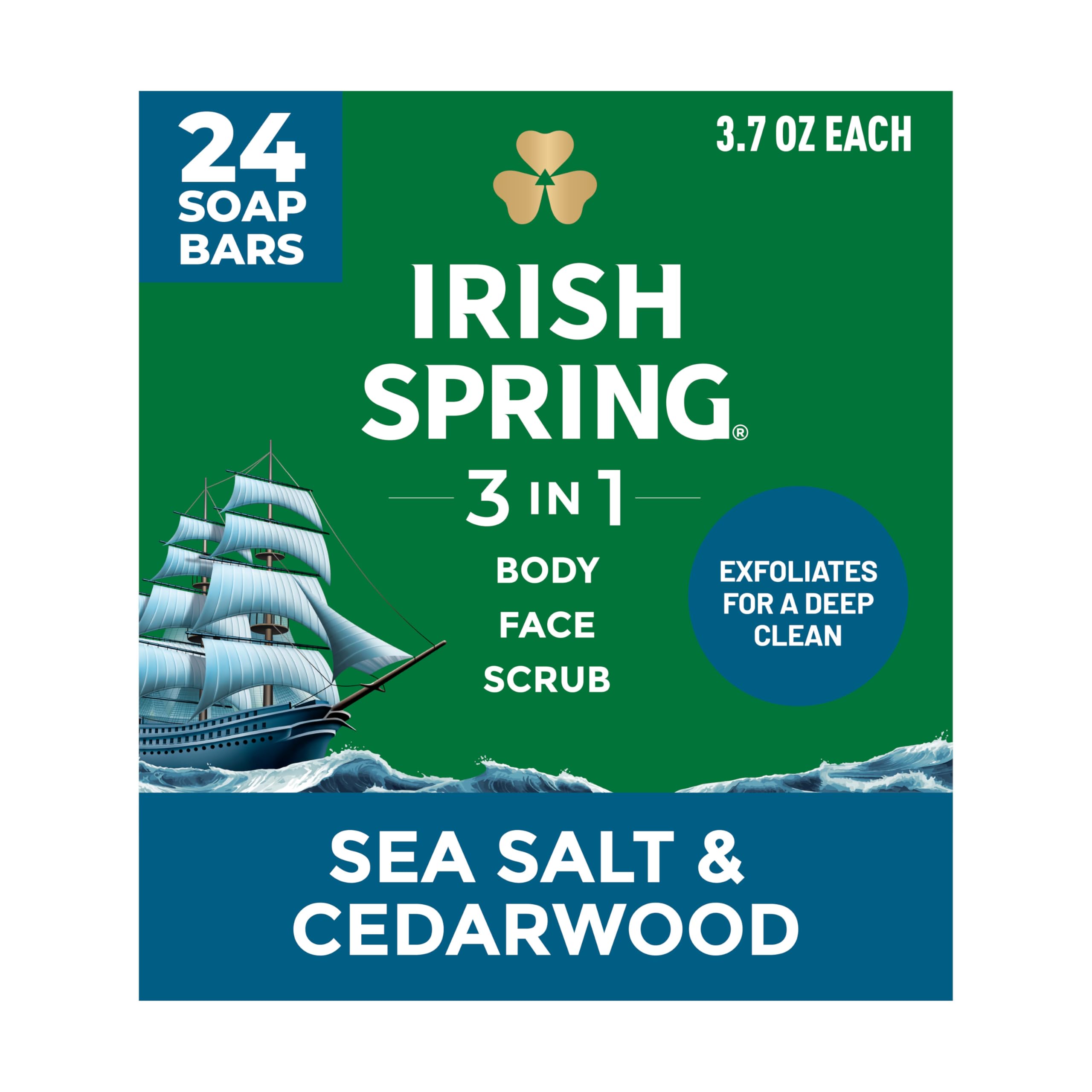 Irish Spring frontal del paquete mostrando 24 barras, beneficio ahorro y reserva
