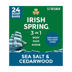 Irish Spring frontal del paquete mostrando 24 barras, beneficio ahorro y reserva