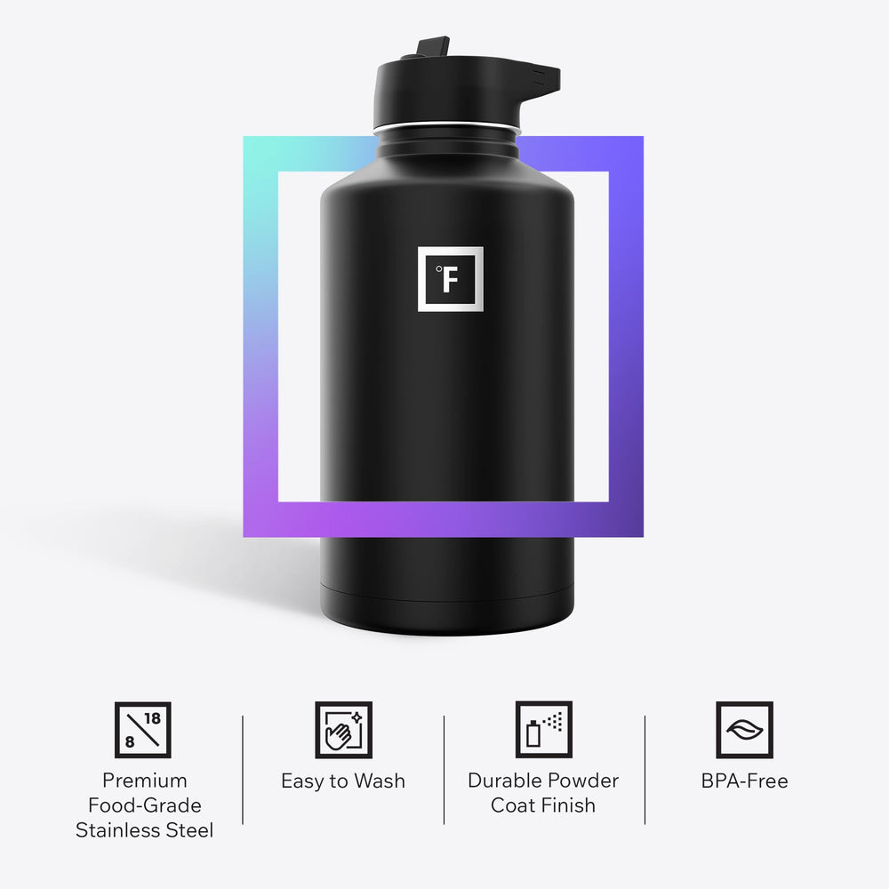 IRON °FLASK junto a botella estándar para comparar tamaño práctico