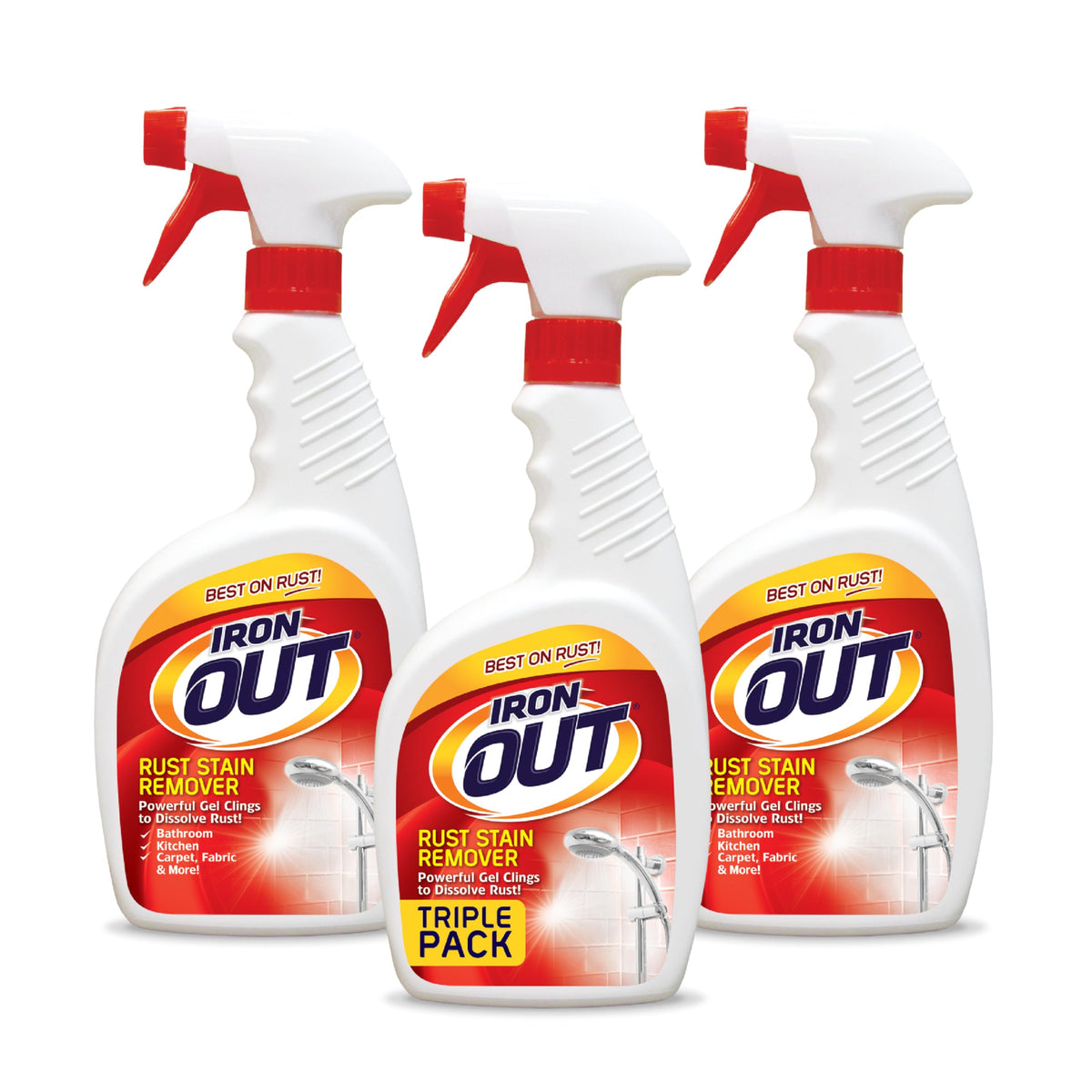 IRON OUT vista frontal del envase mostrando label y capacidad 24 oz, limpieza eficiente