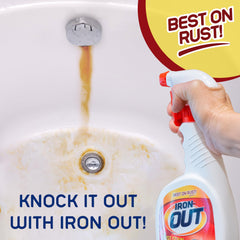 IRON OUT botella 24 oz junto a una mano para mostrar escala y control de aplicación
