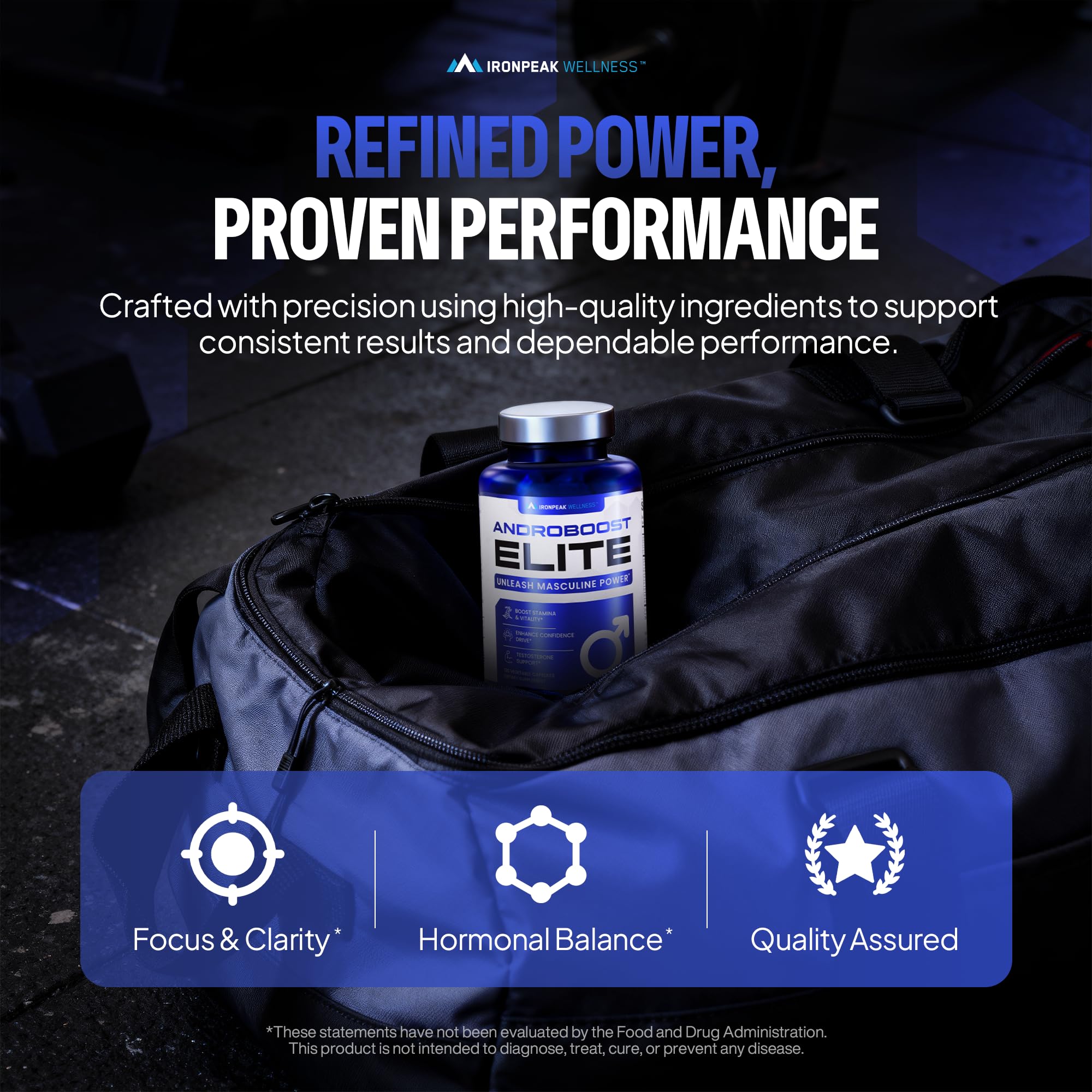 IronPeak AndroBoost etiqueta nutricional visible con dosis transparentes