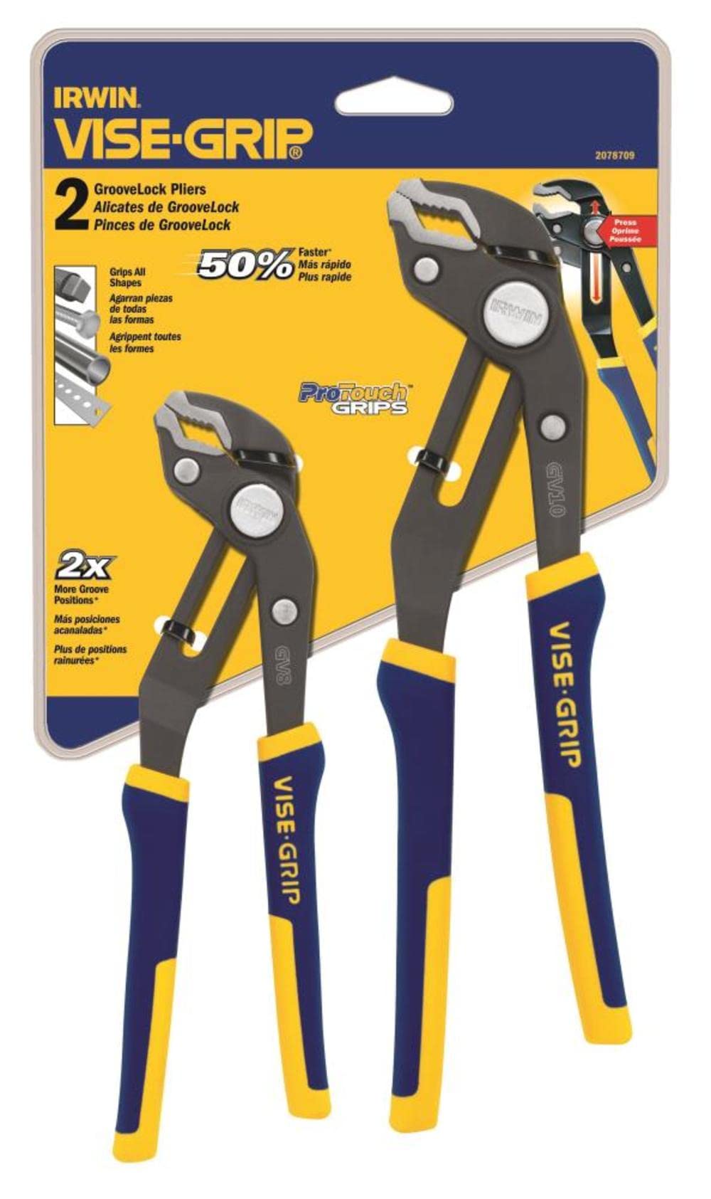 IRWIN vista frontal del set GrooveLock 8 y 10 pulgadas mostrando ajuste rápido