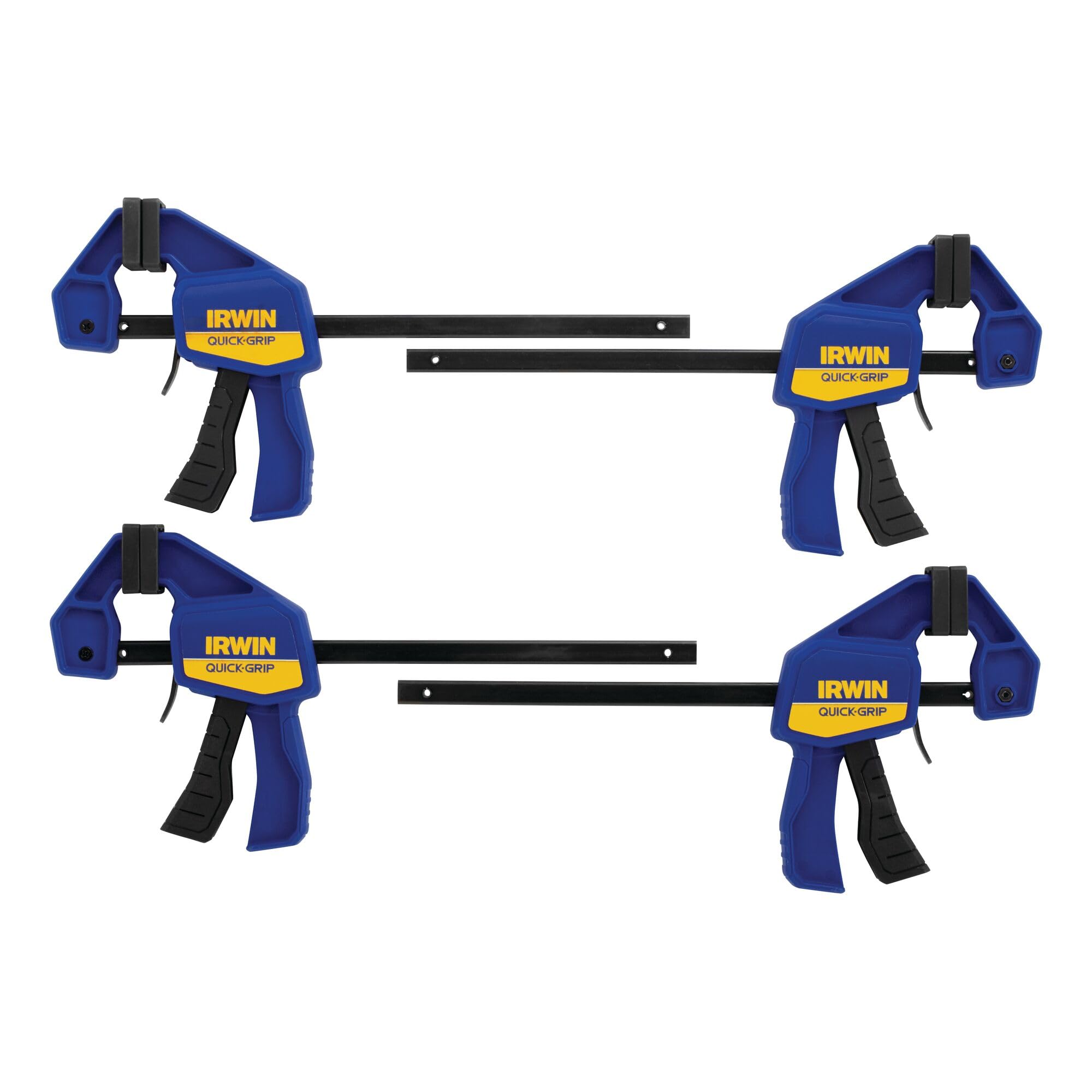 IRWIN Quick-Grip vista frontal del paquete de cuatro mostrando abrazaderas y color azul, utilidad inmediata