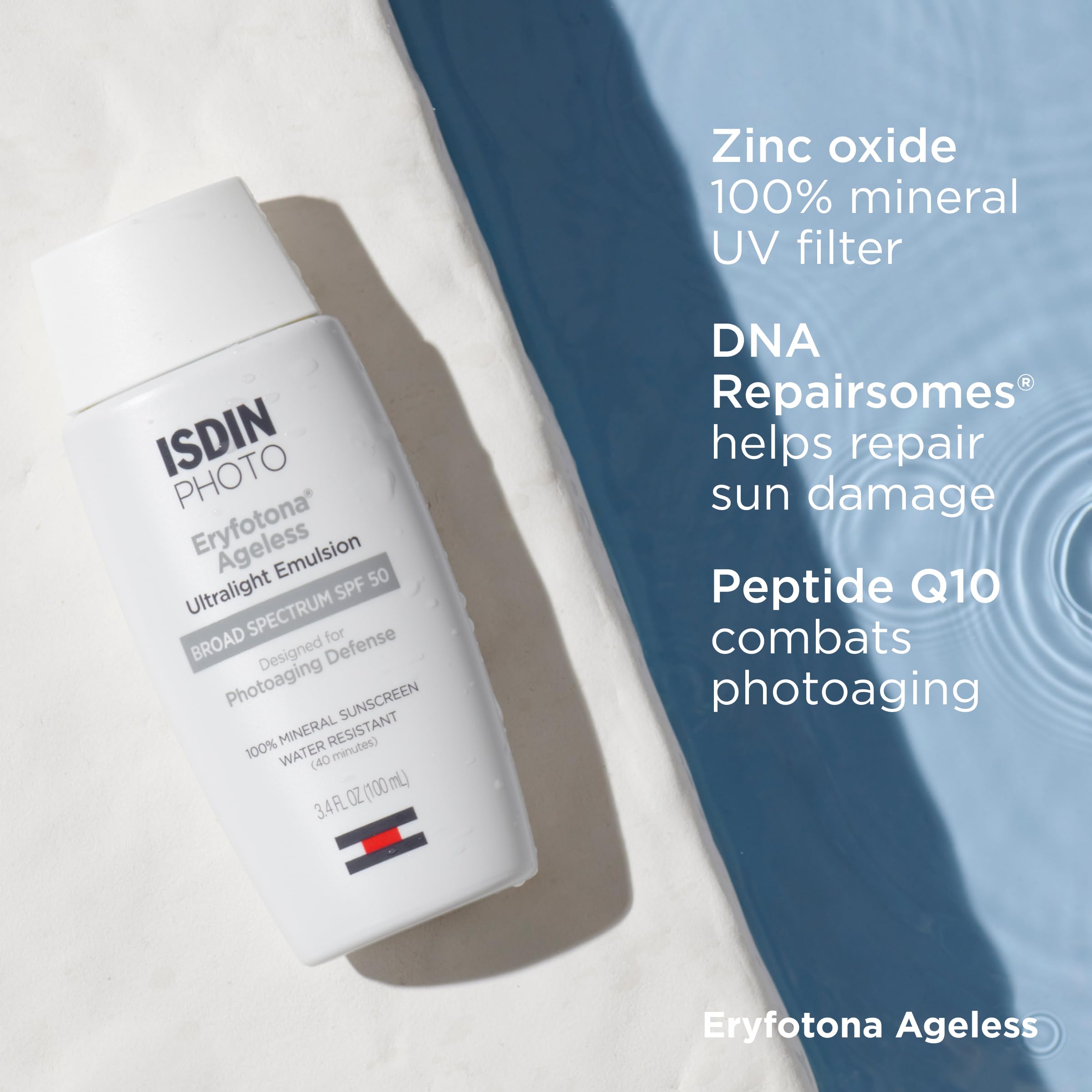 ISDIN etiqueta con ingredientes destacando filtros minerales y antioxidantes