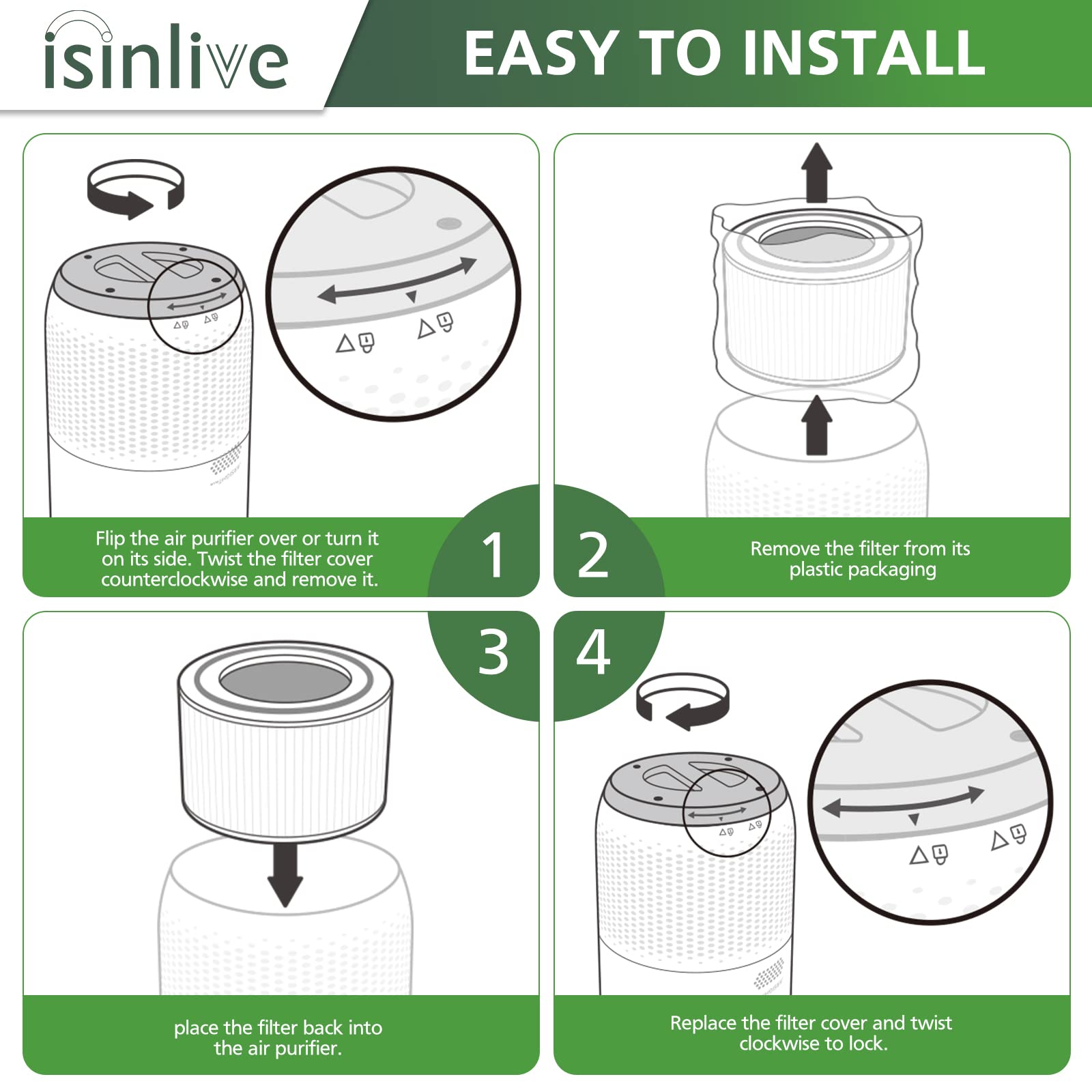 isinlive filtro Core 400S en salón con purificador mostrando aire interior más limpio